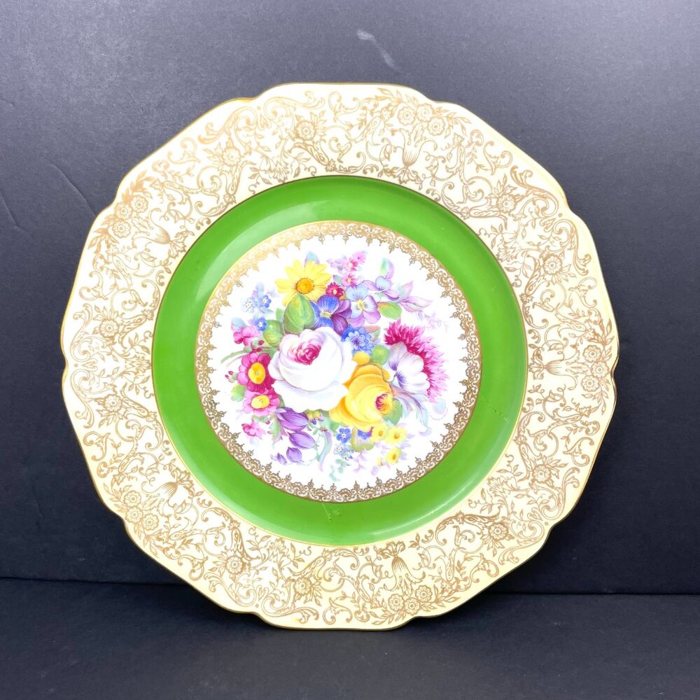 Two Elegant Floral Dinner Plates with Green and Gold Accents